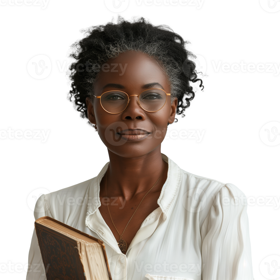 Elegant woman in glasses holds an old book confidently png