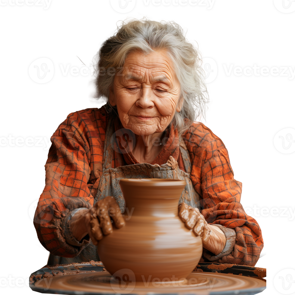 Elderly woman skillfully shaping clay on pottery wheel png