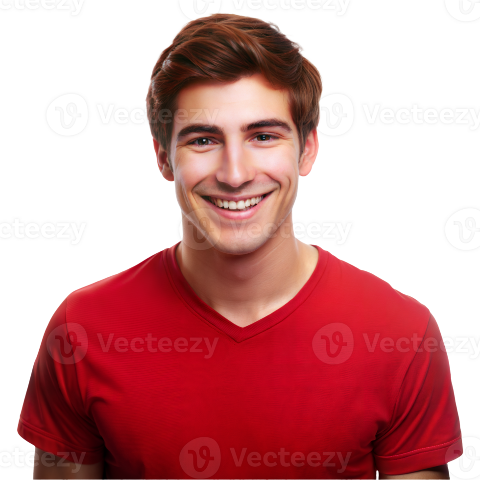 Happy young man smiling in a casual red t-shirt png