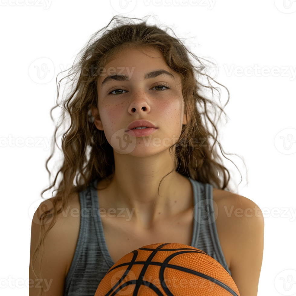 Young female athlete holding a basketball on a transparent background png