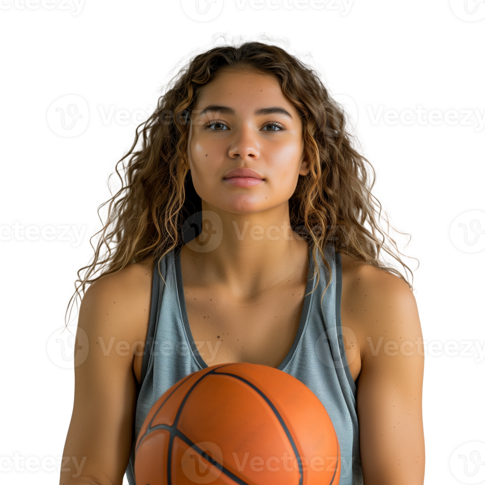 Confident female athlete posing with basketball on transparent background png