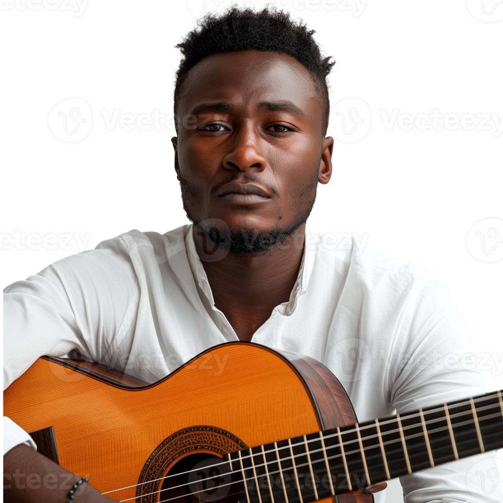 Serious musician holding a guitar on a transparent background png