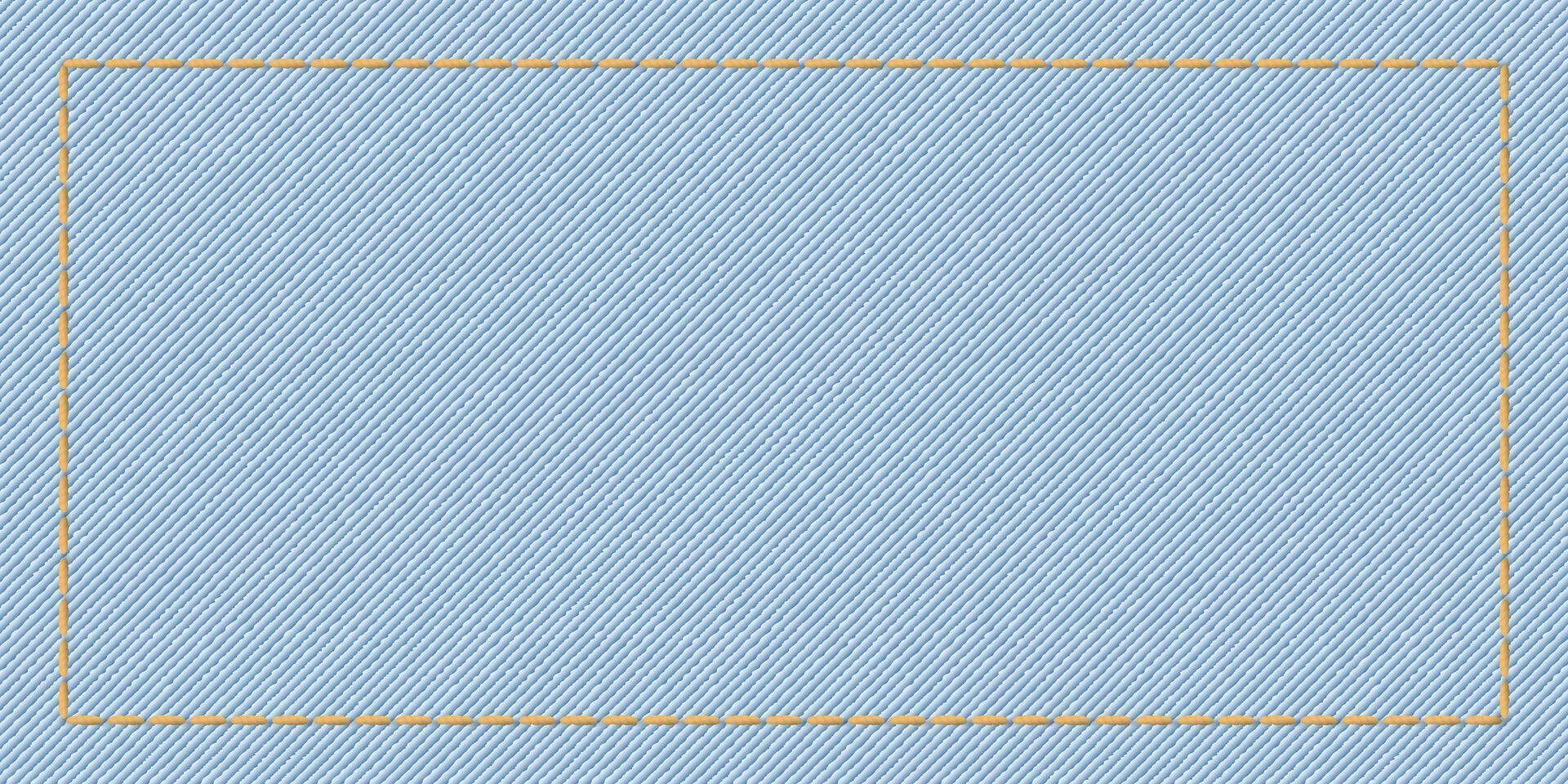 Denim jean textile light wash colors background with gold seams frame illustration. vector