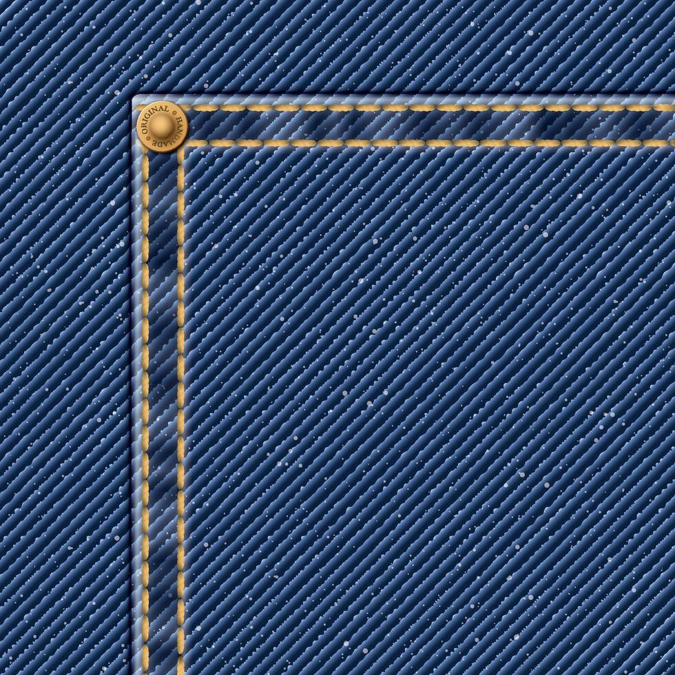 Denim blue jean textile pattern background with gold seams and brass pin illustration. vector