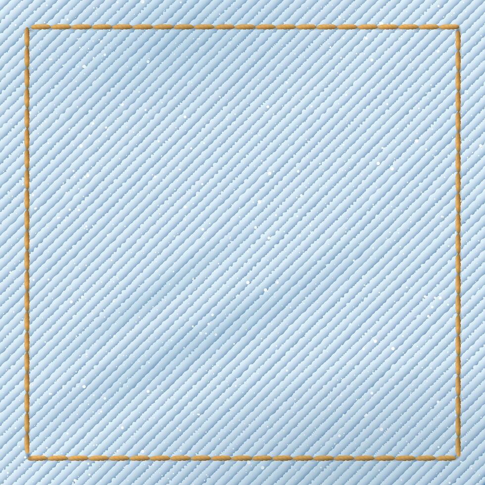 Denim blue jean light wash textile pattern on square background with gold seams border illustration. vector