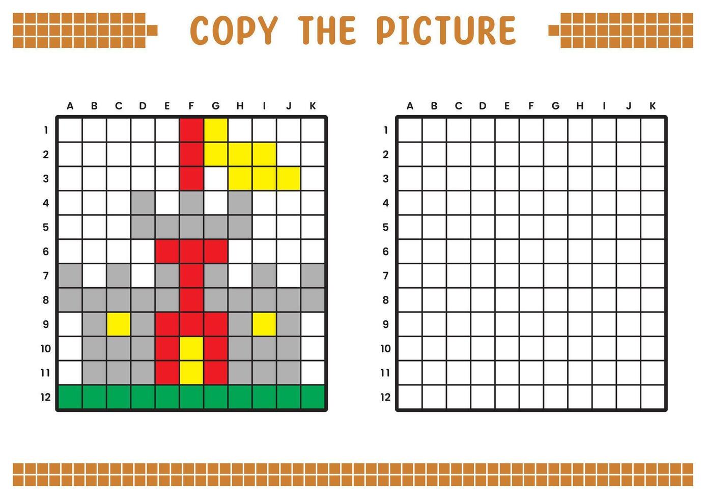 Copy the picture, complete the grid image. Educational worksheets drawing with squares, coloring cell areas. Children's preschool activities. Cartoon, pixel art. Sand castle illustration. vector