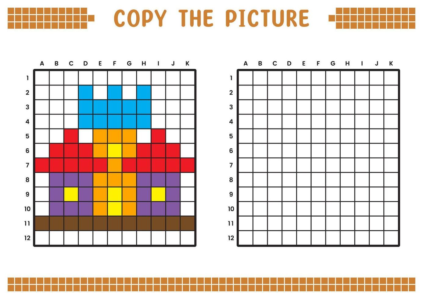 Copy the picture, complete the grid image. Educational worksheets drawing with squares, coloring cell areas. Children's preschool activities. Cartoon, pixel art. Royal building illustration. vector