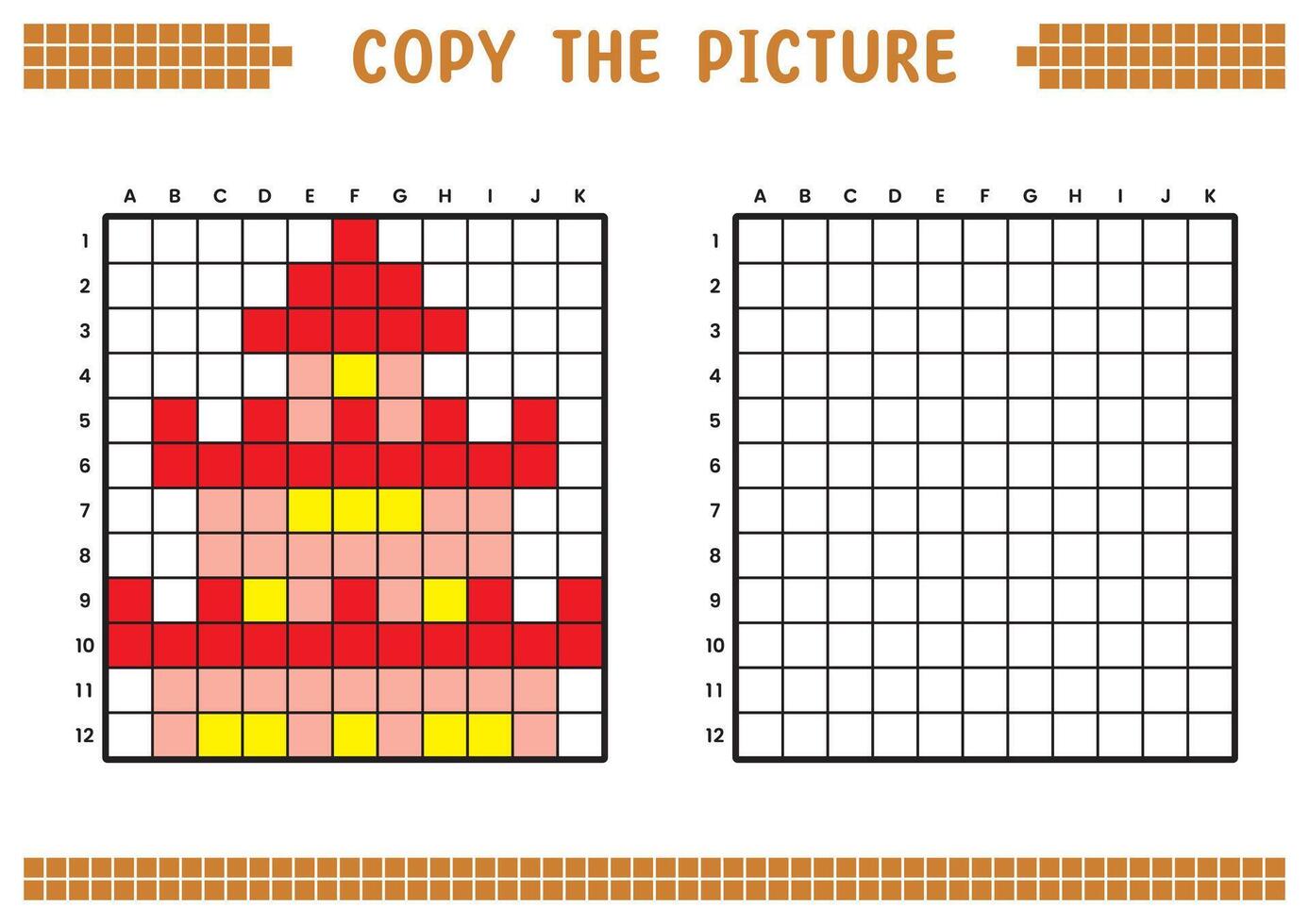 Copy the picture, complete the grid image. Educational worksheets drawing with squares, coloring cell areas. Children's preschool activities. Cartoon, pixel art. Temple illustration. vector