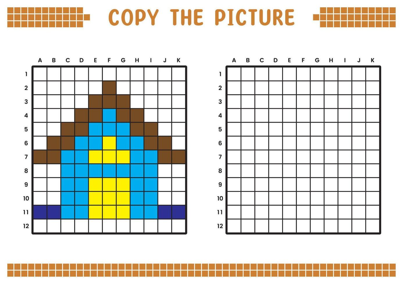 Copy the picture, complete the grid image. Educational worksheets drawing with squares, coloring cell areas. Children's preschool activities. Cartoon, pixel art. House building illustration. vector