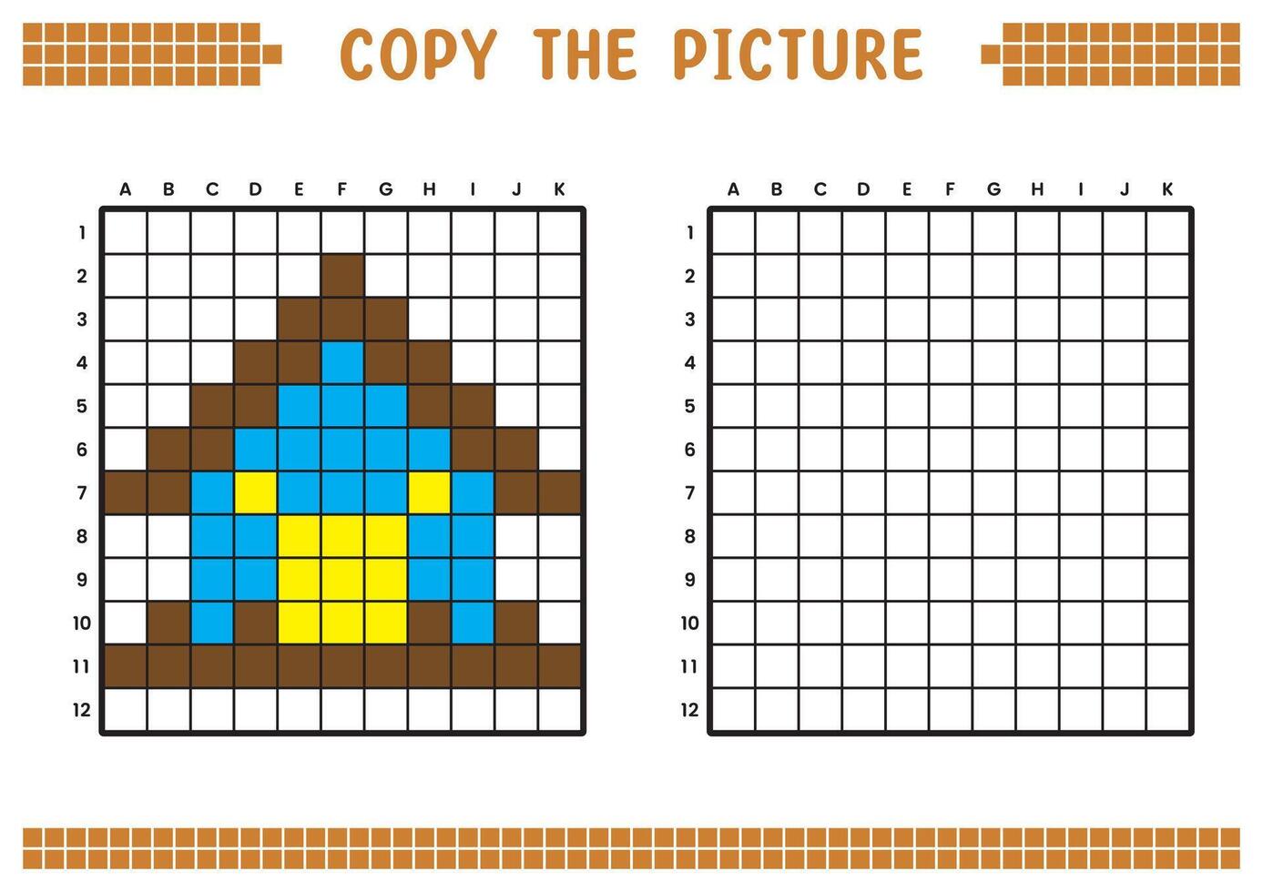 Copy the picture, complete the grid image. Educational worksheets drawing with squares, coloring cell areas. Children's preschool activities. Cartoon, pixel art. House illustration. vector