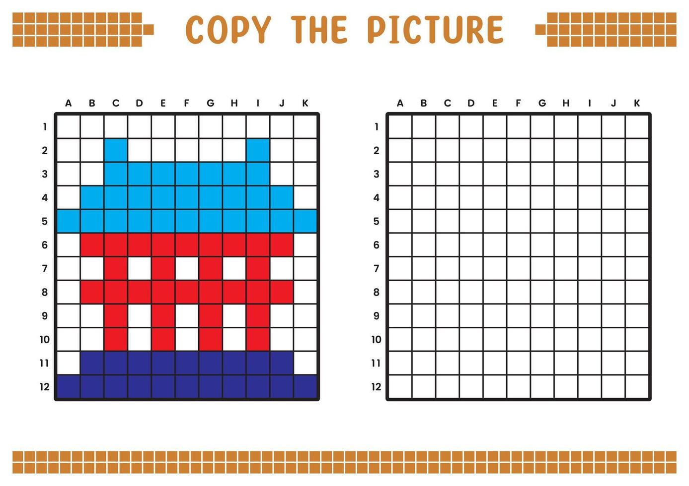 Copy the picture, complete the grid image. Educational worksheets drawing with squares, coloring cell areas. Children's preschool activities. Cartoon, pixel art. Temple gate illustration. vector