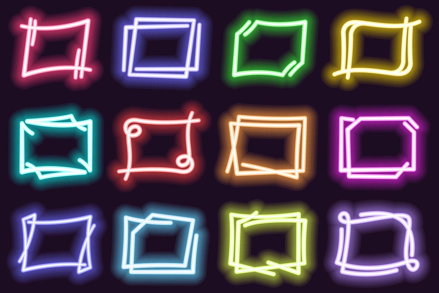 Abstract linear rectangle neon frames. Glowing borders set in different color, vibrant shining frame collection with glowing effect, copy space for your text. vector