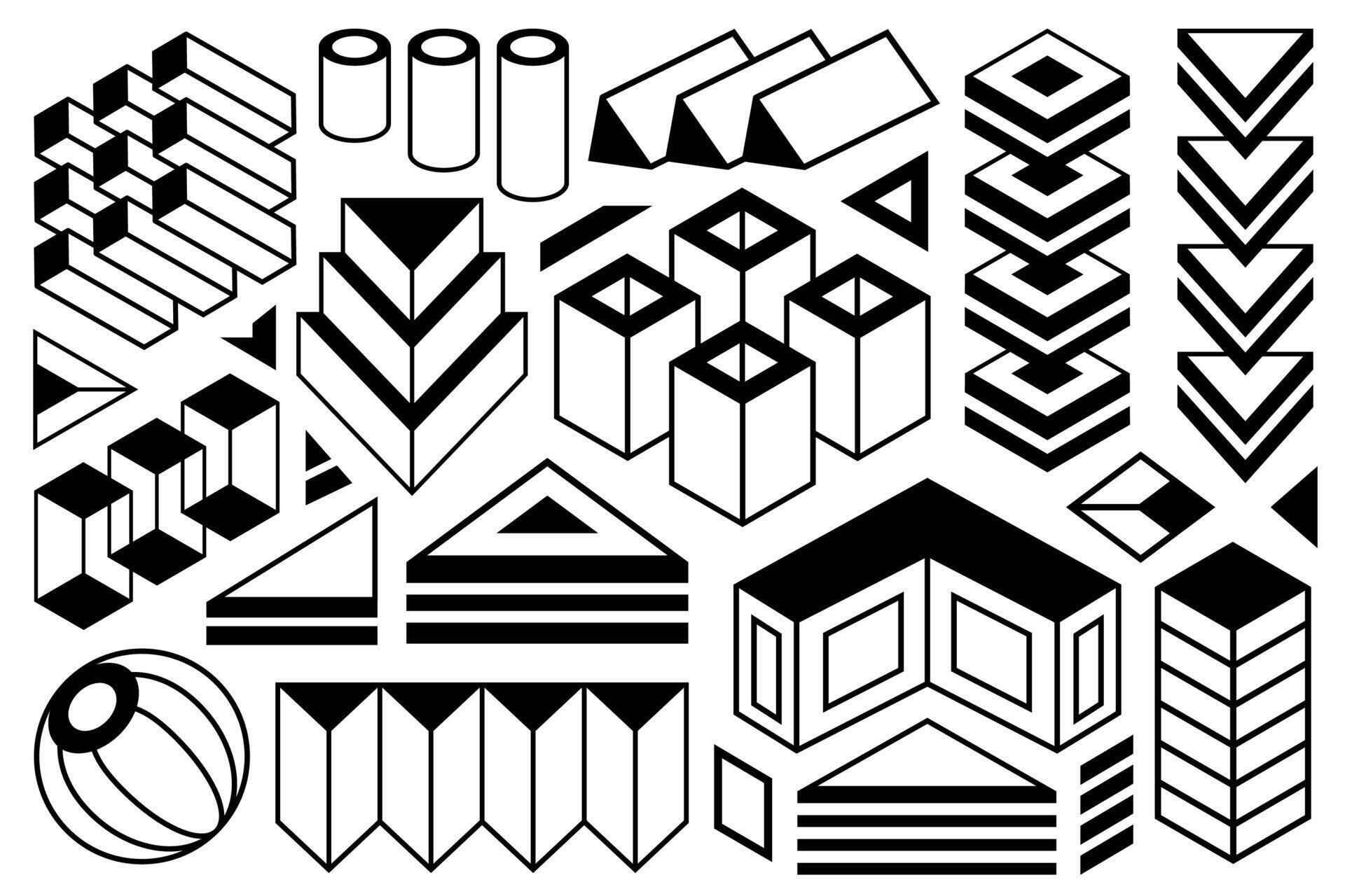 Abstract isometric black and white geometric design elements. Set of ...