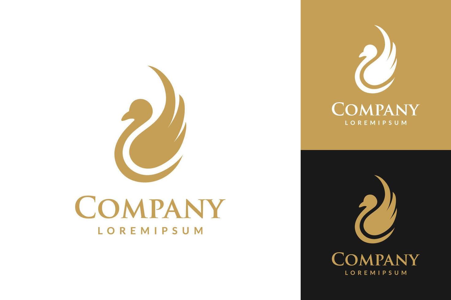 Silhouette swan logo with company text written underneath. The swan is gold and white vector