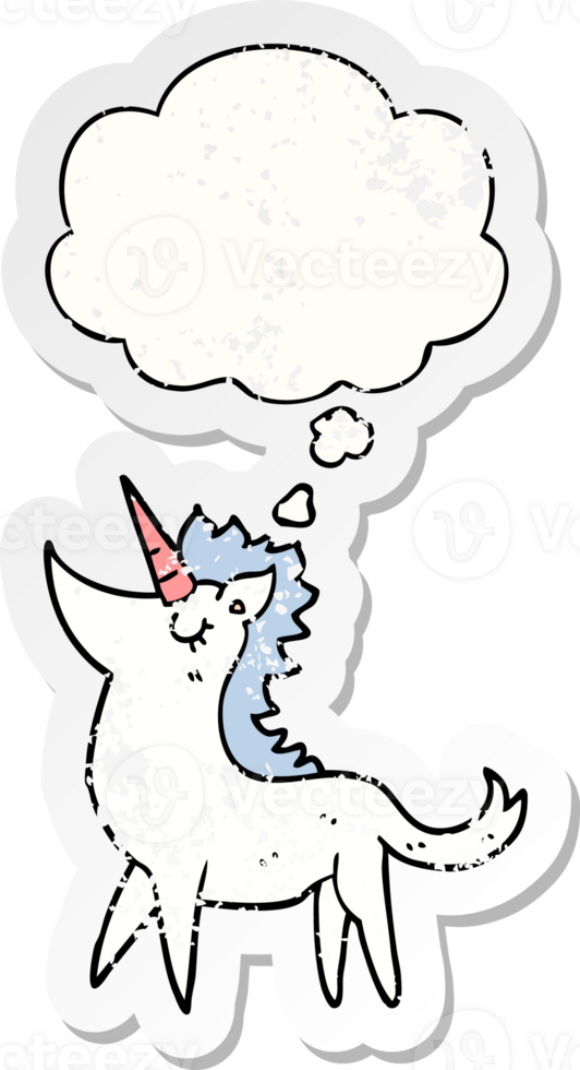 cartoon unicorn and thought bubble as a distressed worn sticker png