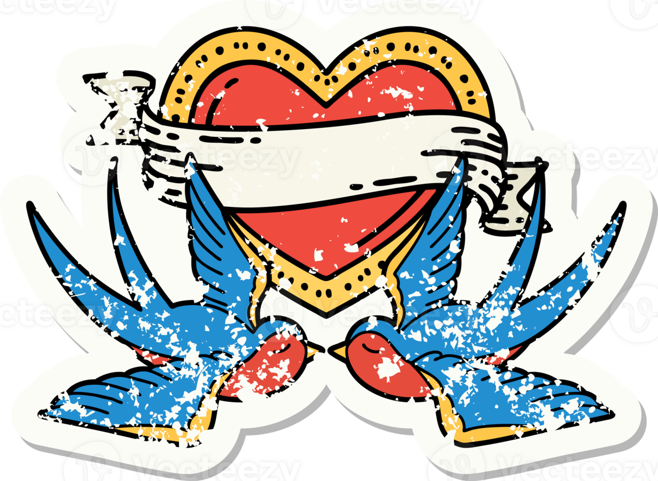 distressed sticker tattoo in traditional style of swallows and a heart with banner png