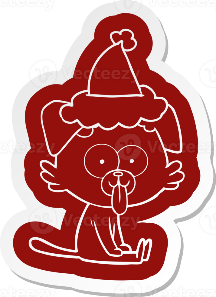 quirky cartoon sticker of a sitting dog with tongue sticking out wearing santa hat png