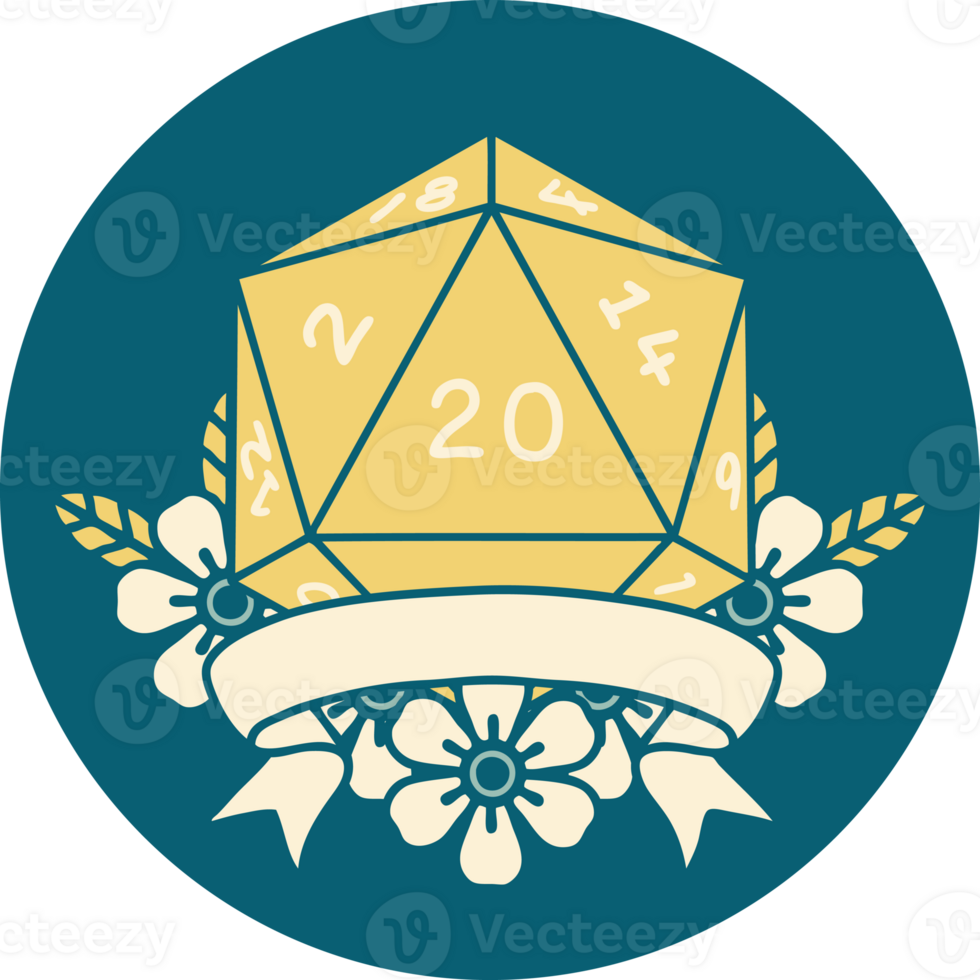 Retro Tattoo Style natural 20 critical hit D20 dice roll png