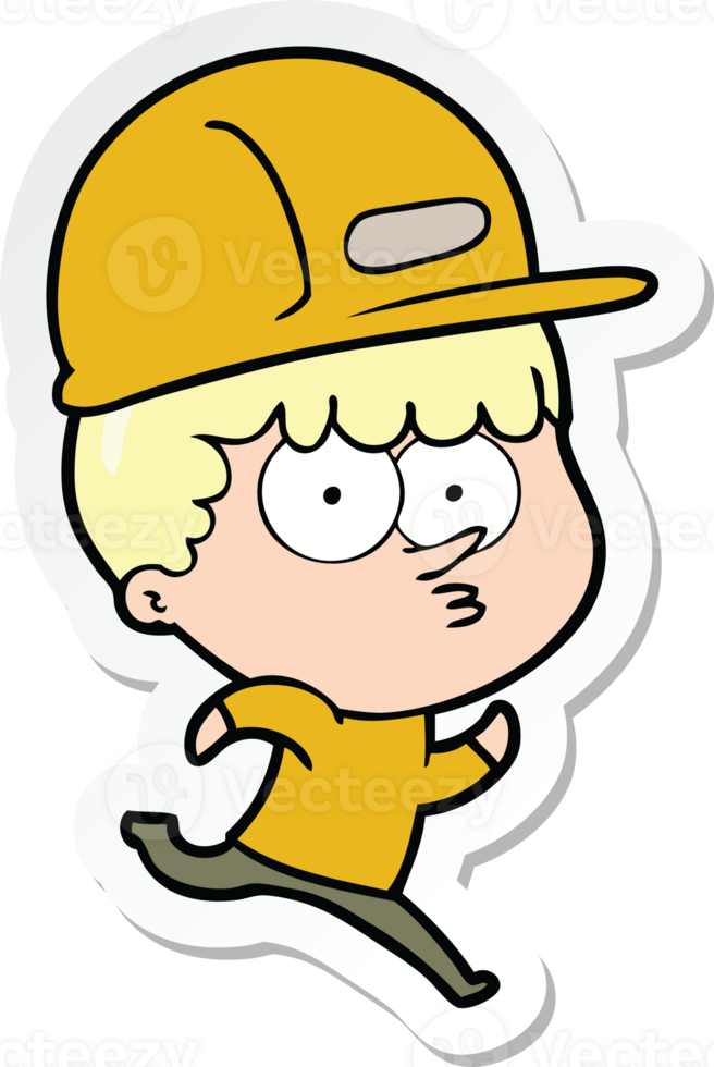 sticker of a cartoon man in builders hat running png