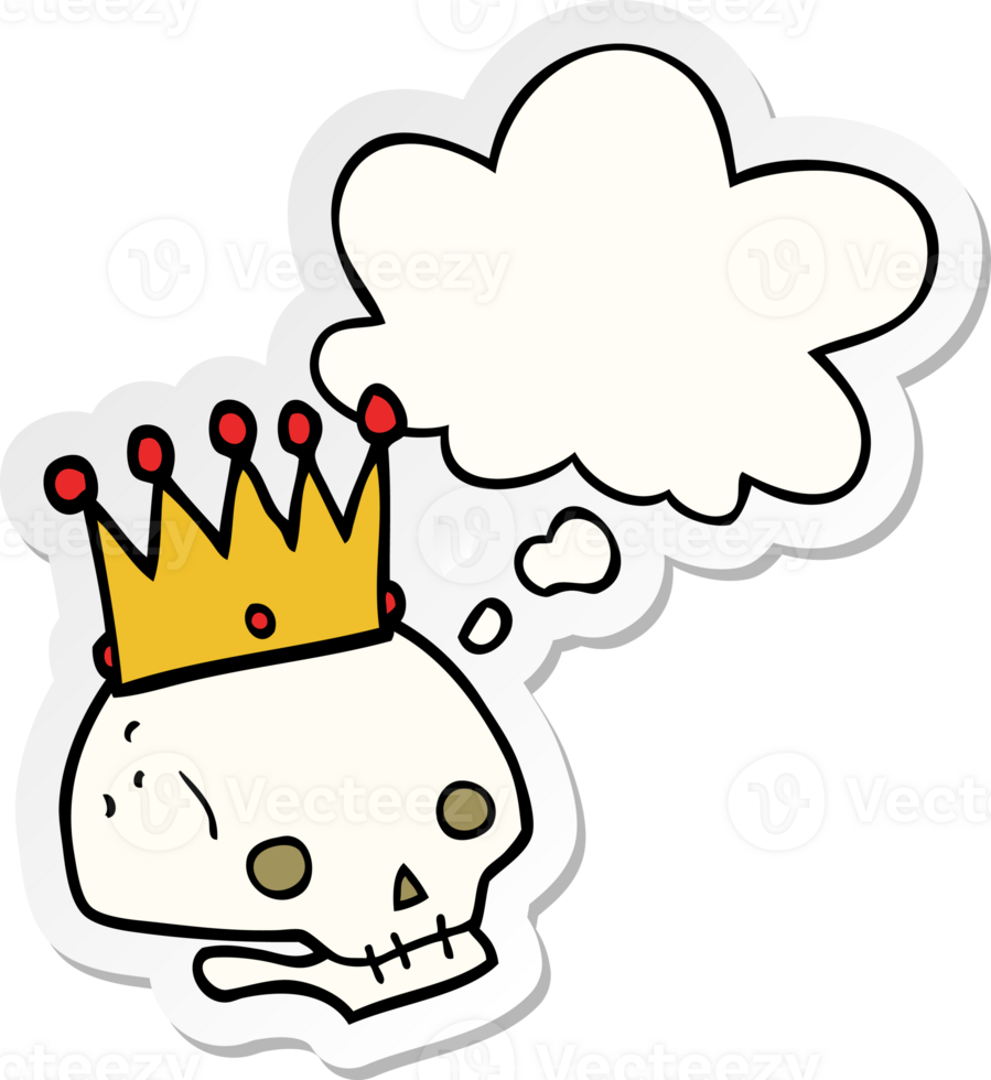 cartoon skull with crown with thought bubble as a printed sticker png