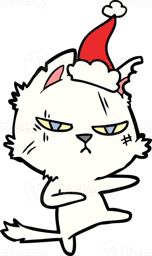 difícil mano dibujado línea dibujo de un gato vistiendo Papa Noel sombrero png