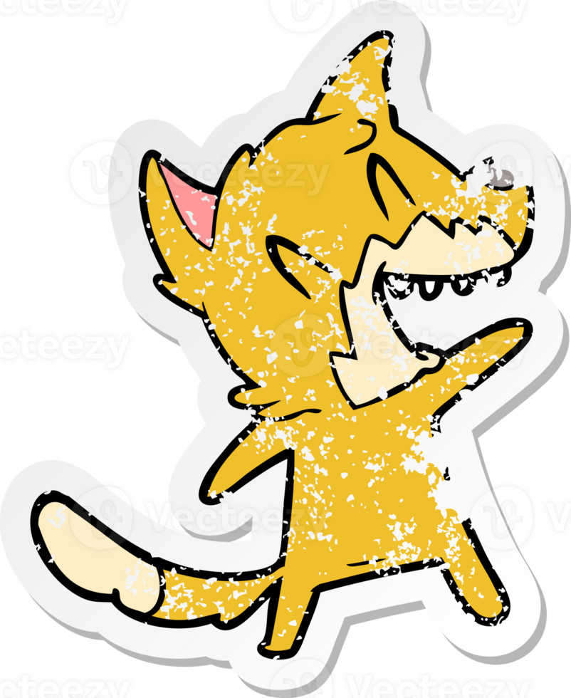 distressed sticker of a laughing fox cartoon png