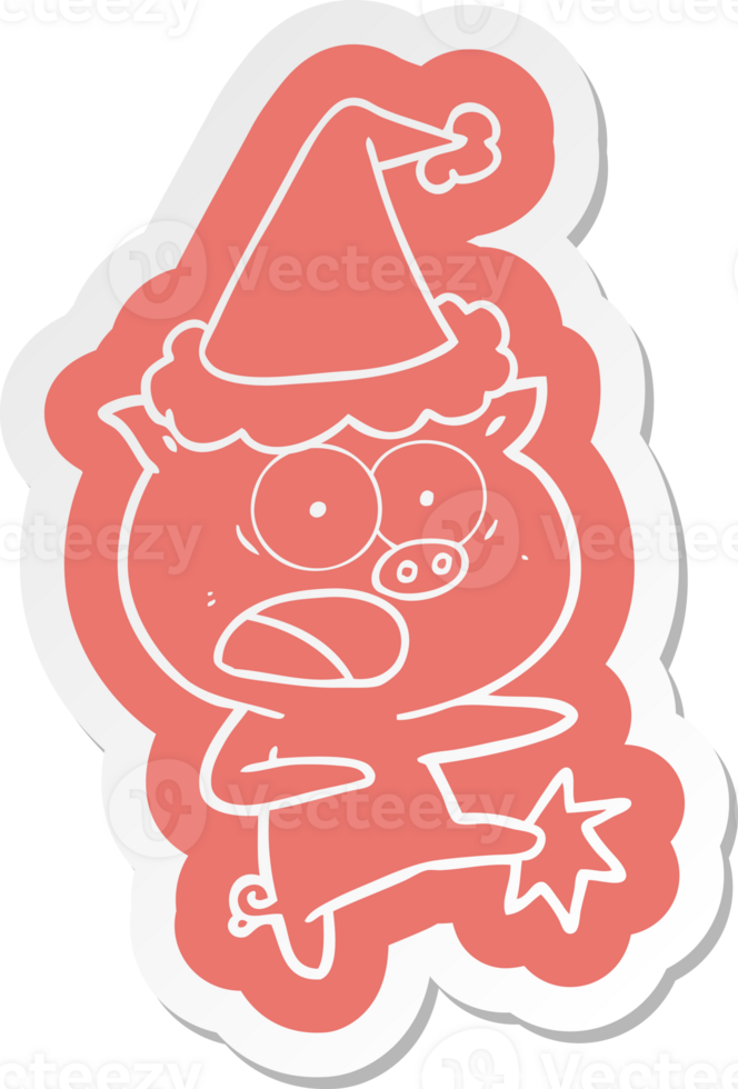 quirky cartoon sticker of a pig shouting and kicking wearing santa hat png