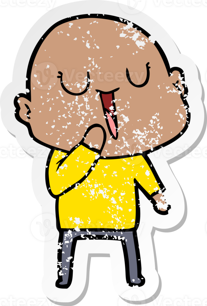distressed sticker of a happy cartoon bald man png