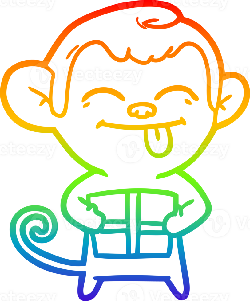 rainbow gradient line drawing of a funny cartoon monkey with christmas present png