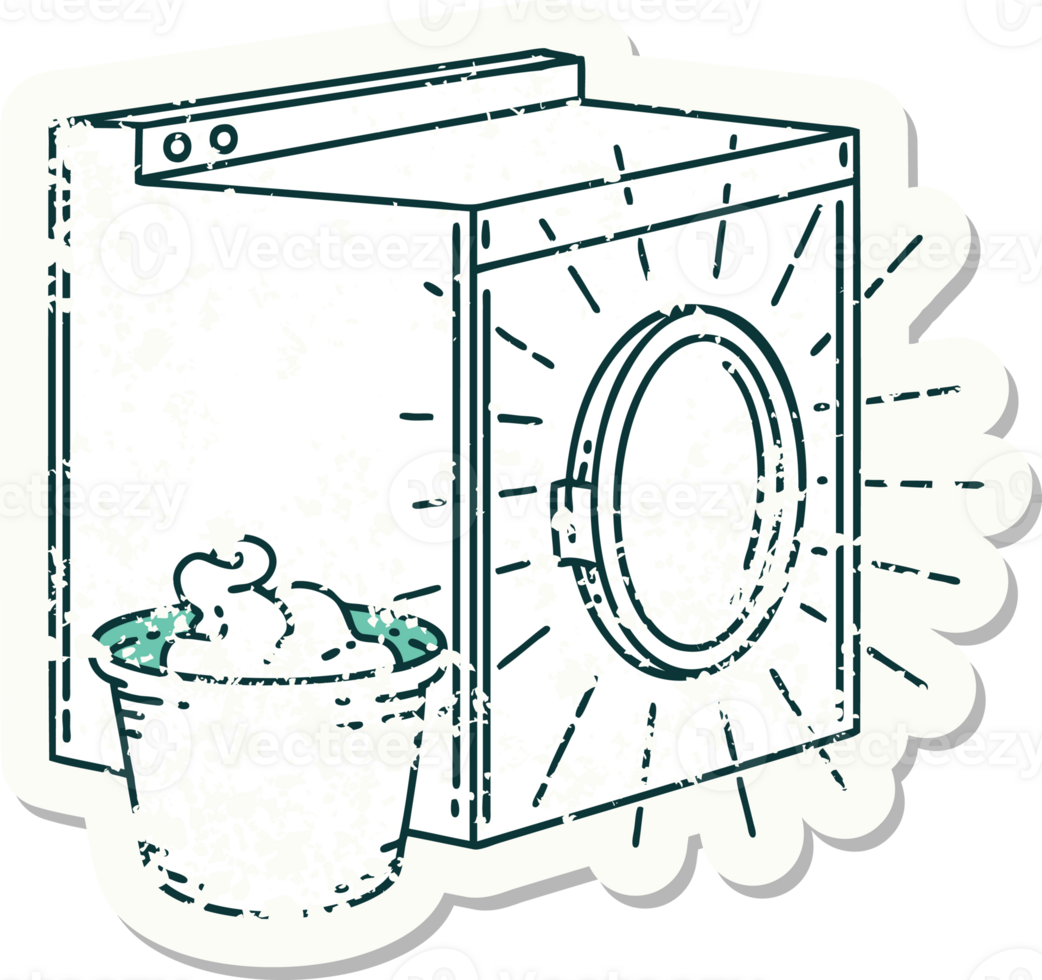 worn old sticker of a tattoo style washing machine png