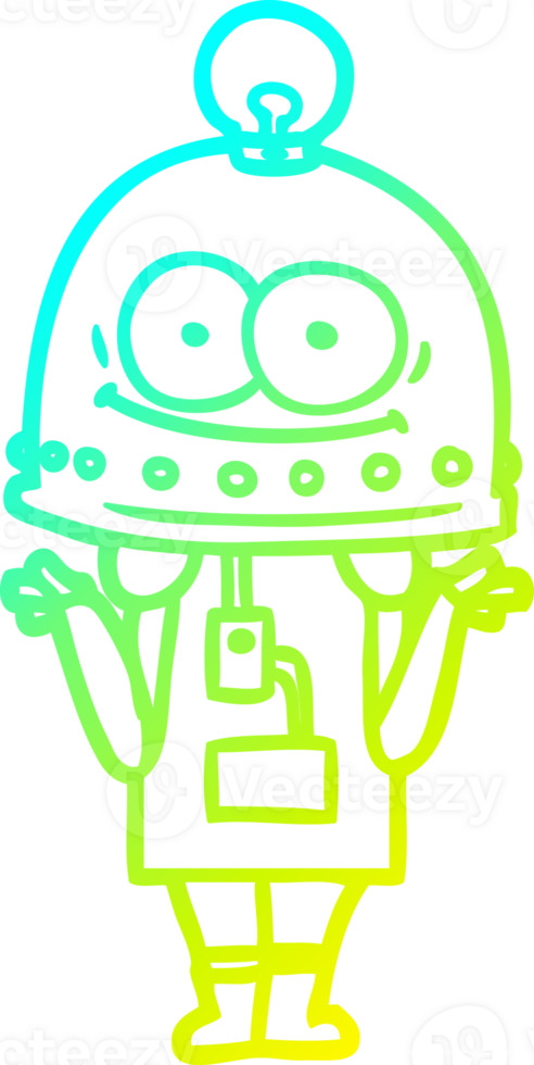 cold gradient line drawing of a happy carton robot with light bulb png