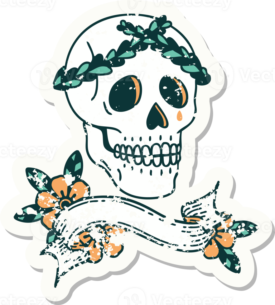 worn old sticker with banner of a skull with laurel wreath crown png