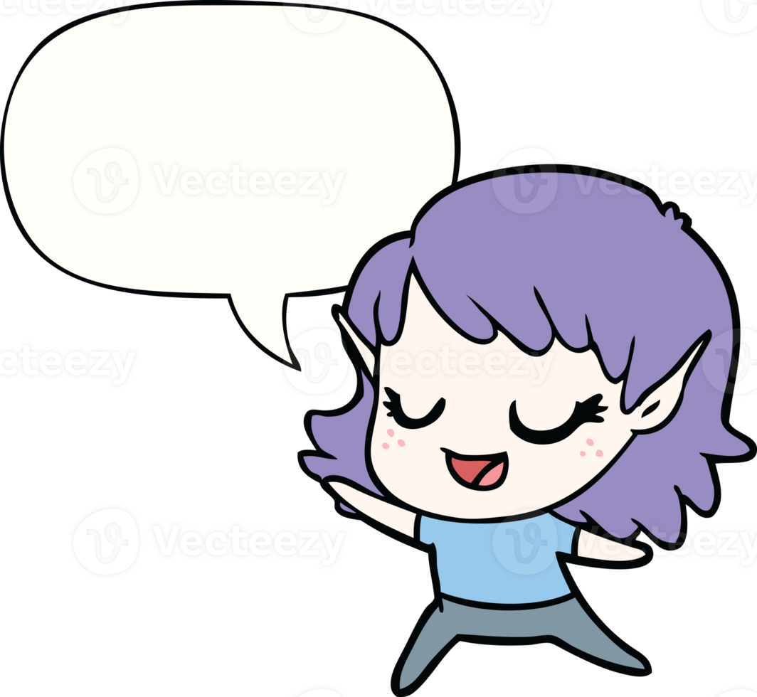 carton happy elf girl dancing with speech bubble png