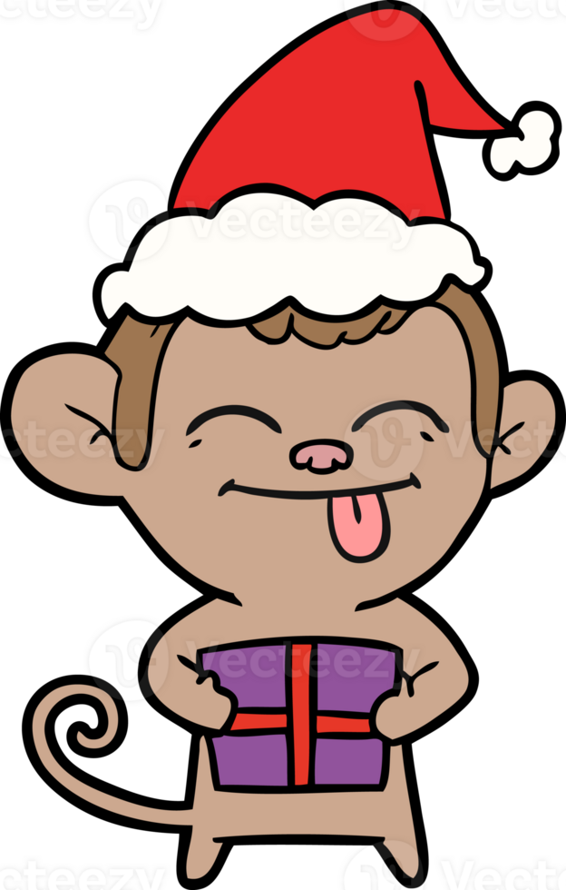 divertente mano disegnato linea disegno di un' scimmia con Natale presente indossare Santa cappello png
