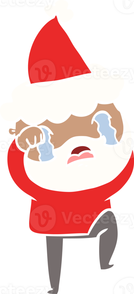 mano dibujado plano color ilustración de un barbado hombre llorando y estampado pie vistiendo Papa Noel sombrero png