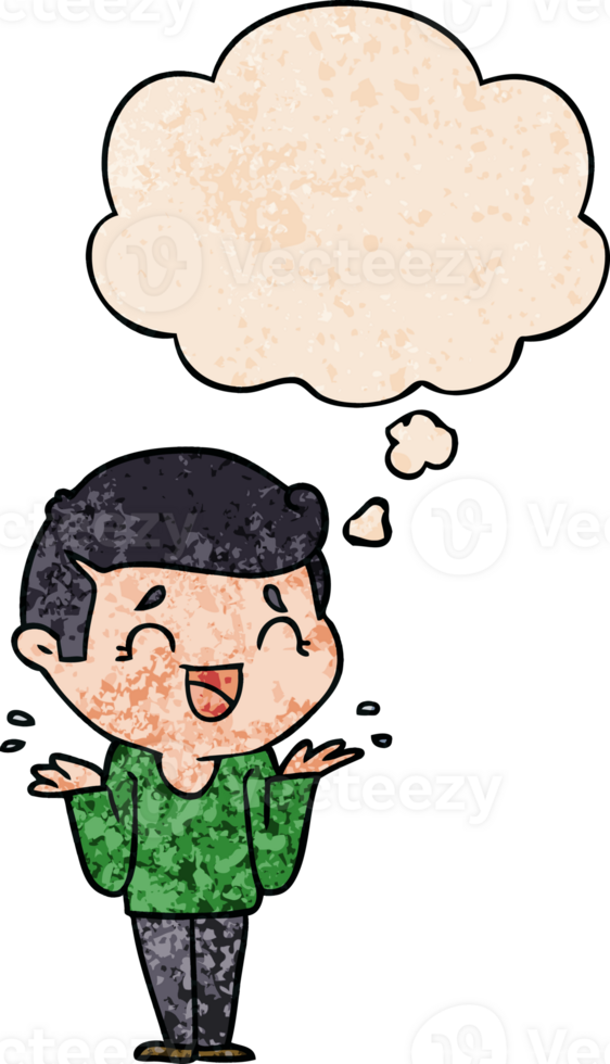 cartoon laughing confused man with thought bubble in grunge texture style png