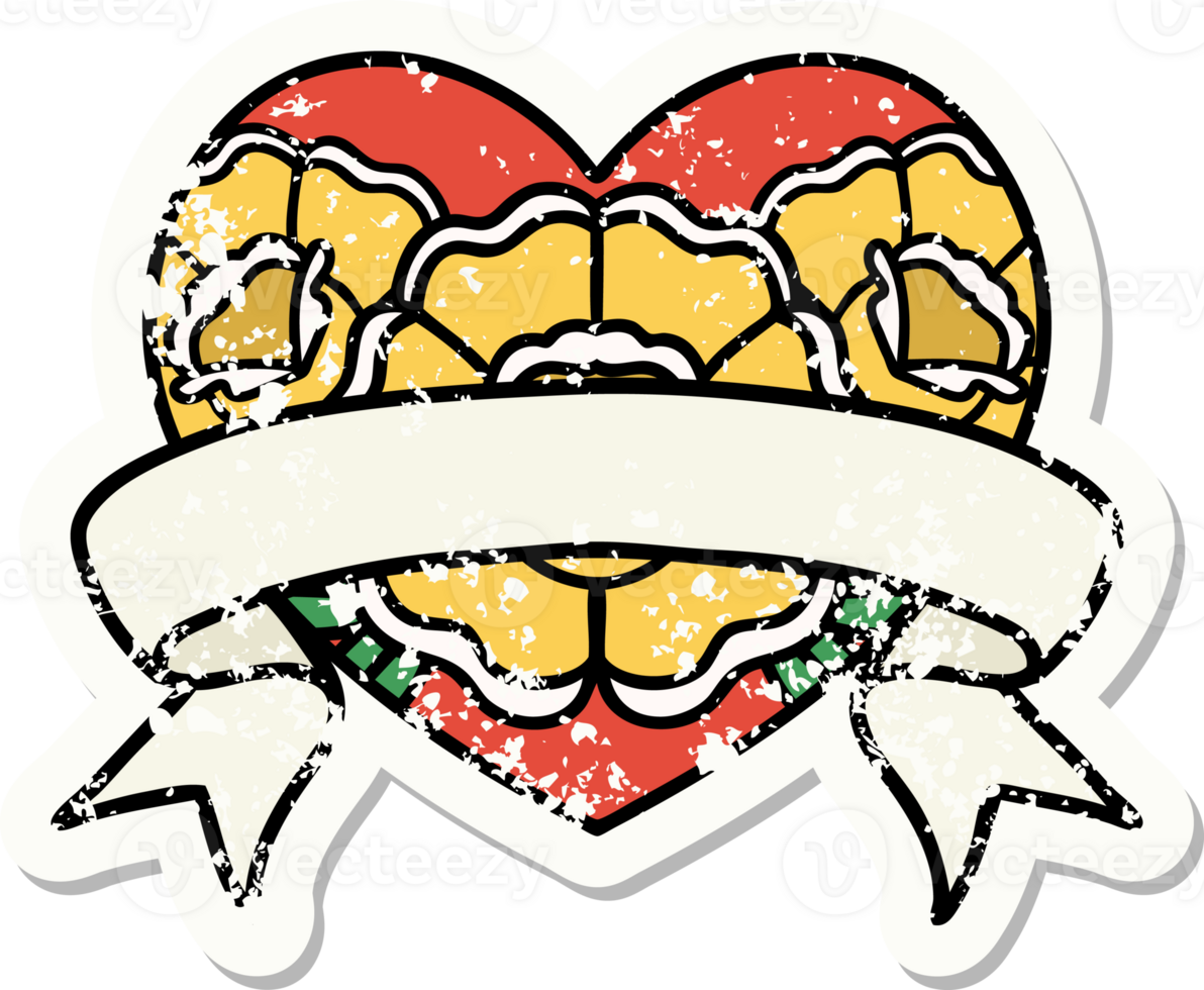 distressed sticker tattoo in traditional style of a heart and banner with flowers png
