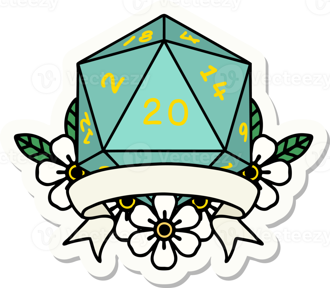 sticker of a natural 20 critical hit D20 dice roll png