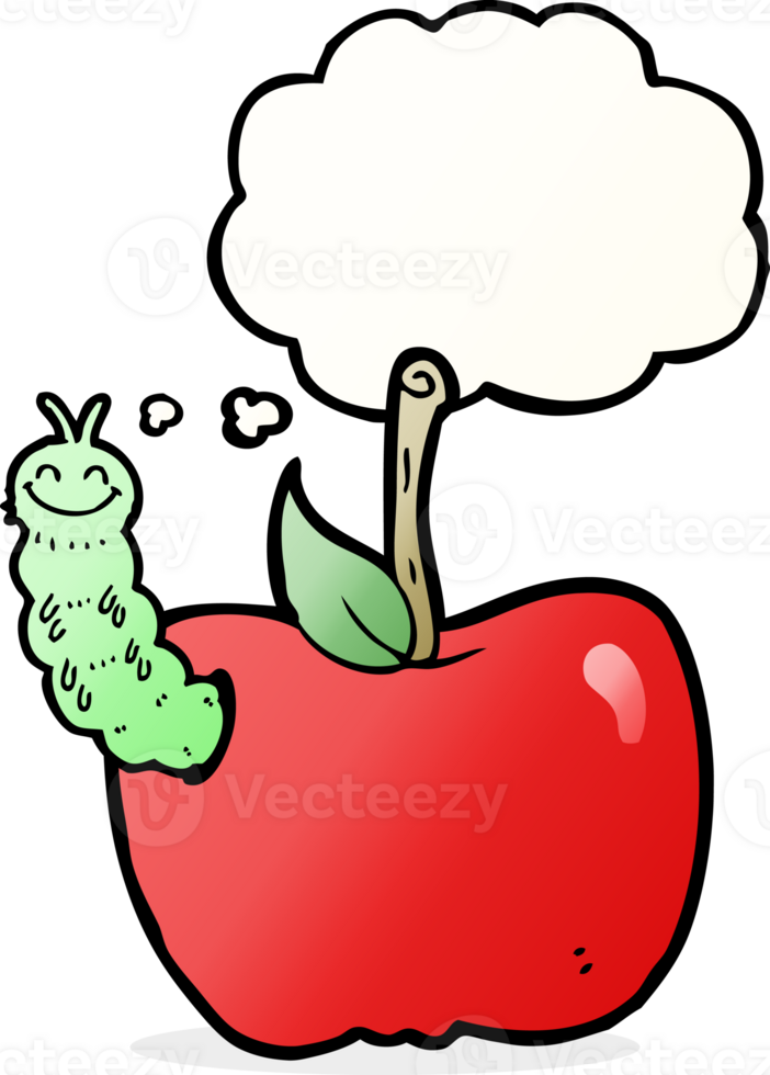 cartoon apple with bug with thought bubble png