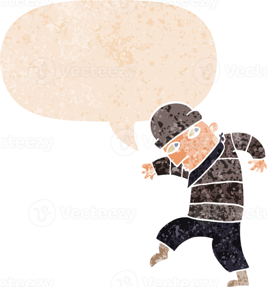 cartoon sneaking thief with speech bubble in grunge distressed retro textured style png
