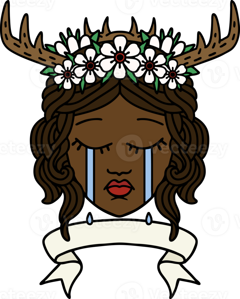 Retro Tattoo Style crying human druid with banner png