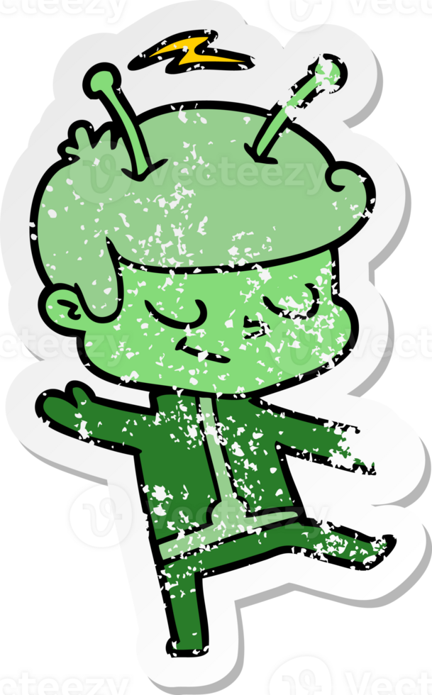 distressed sticker of a friendly cartoon spaceman dancing png