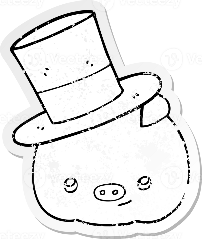 distressed sticker of a cartoon pig wearing top hat png