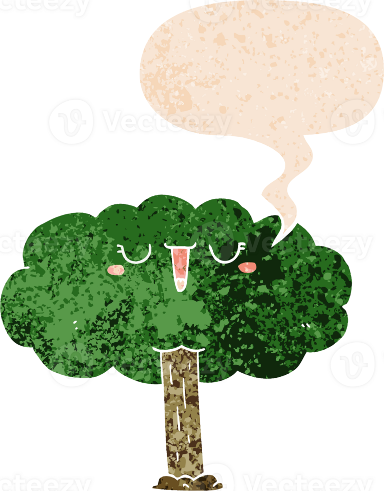 cartoon tree with speech bubble in grunge distressed retro textured style png