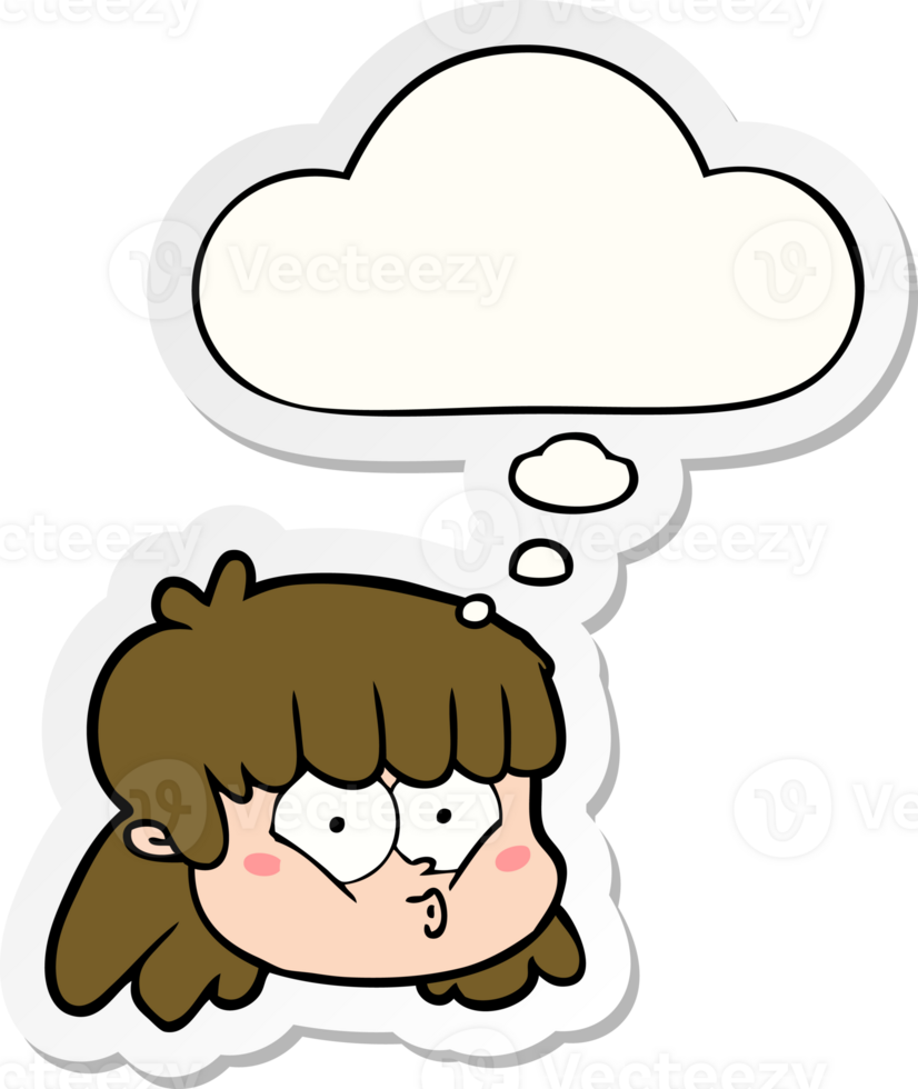 cartoon female face with thought bubble as a printed sticker png