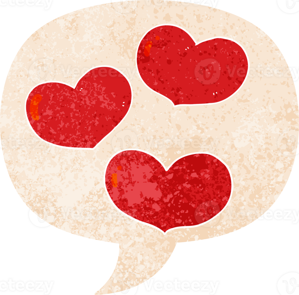 cartoon love hearts with speech bubble in grunge distressed retro textured style png