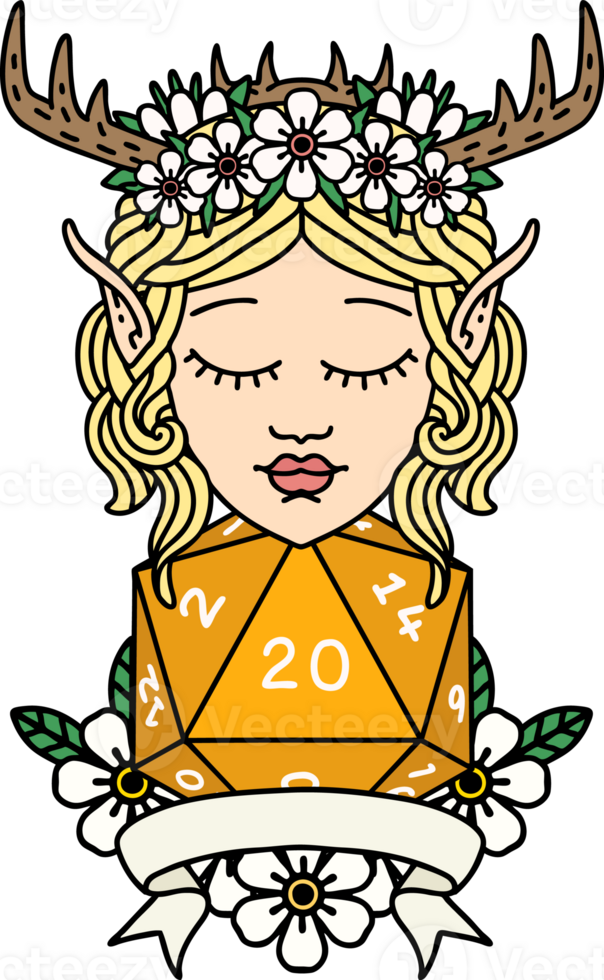 Retro Tattoo Style elf druid character with natural 20 dice roll png
