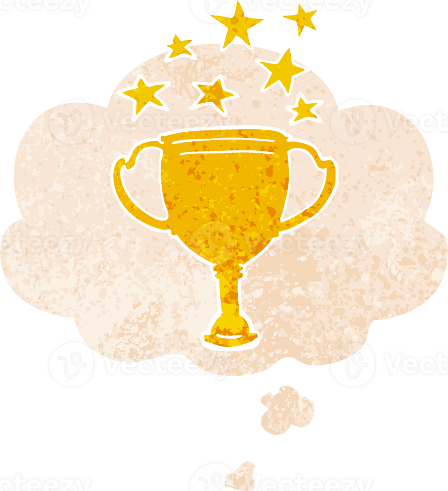 cartoon sports trophy with thought bubble in grunge distressed retro textured style png