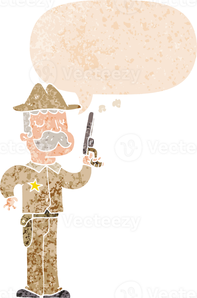 cartoon sheriff with speech bubble in grunge distressed retro textured style png