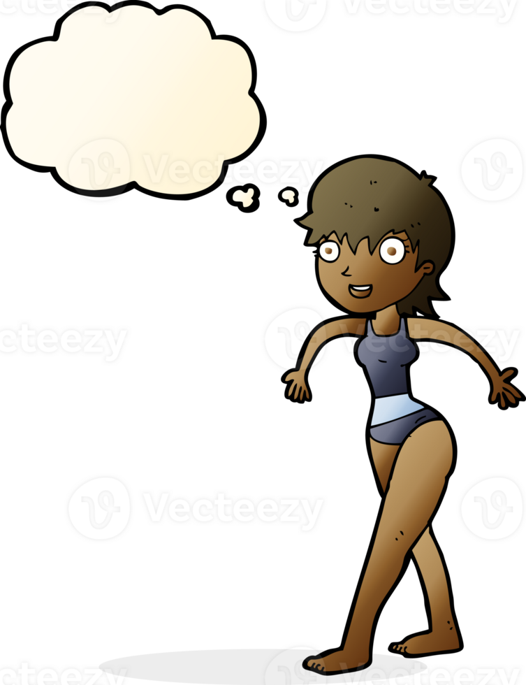 cartoon happy woman in swimming costume with thought bubble png